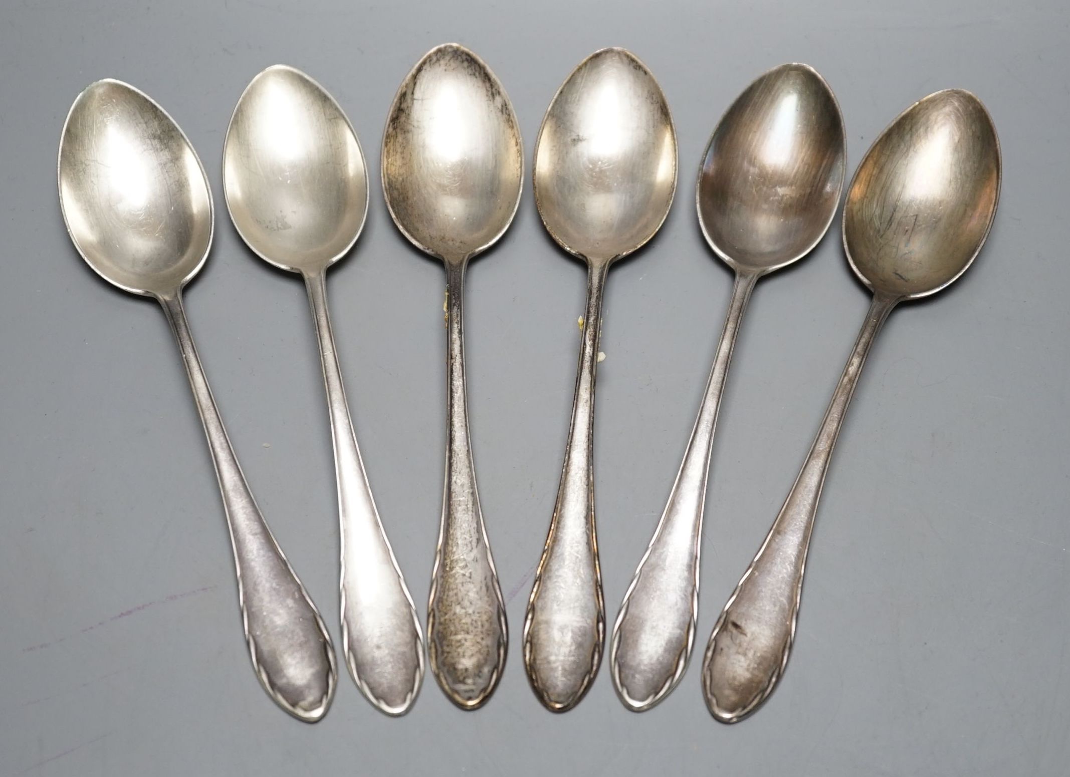 A set of six German 800 standard white metal table spoons, 12oz.